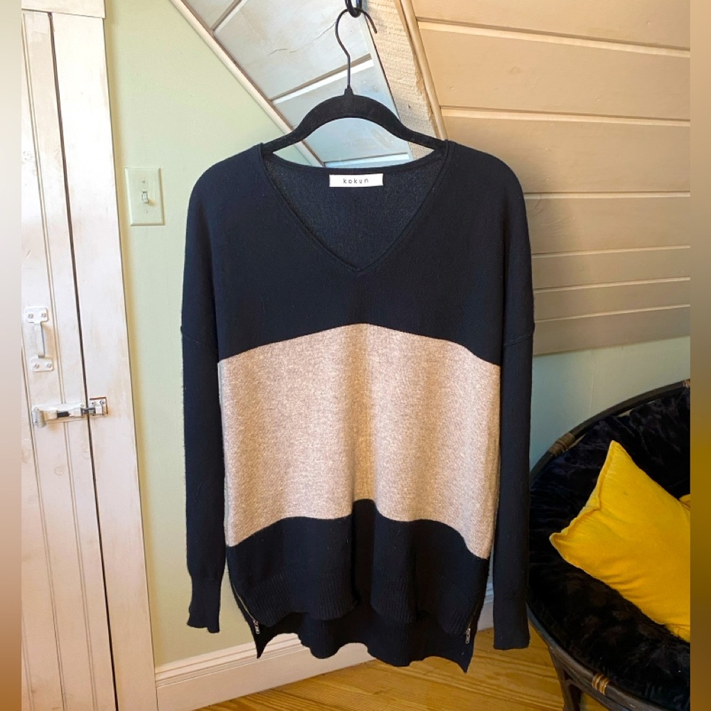 Kokun 100% Cashmere Sweater Tan Black Zipper Long Sleeve V-Neck Womens Small